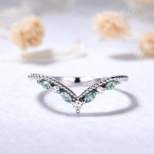 Moss Agate Moissanite Curved Wedding Band White Gold Marquise Moss Agate Engagement Ring Women Bridal Stacking Ring Vintage Matching Band