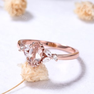 Art Deco Marquise Cut Morganite Engagement Ring 14k Rose Gold Unique Leaf Diamond Ring for Women Wedding Bridal Ring Anniversary Gift