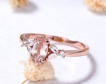 Art Deco Marquise Cut Morganite Engagement Ring 14k Rose Gold Unique Leaf Diamond Ring for Women Wedding Bridal Ring Anniversary Gift