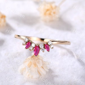 Marquise Ruby Curved Wedding Ring Band 14k Rose Gold Moissanite Stacking Ring Red Stone Ring Anniversary Ring Promise Ring for Women