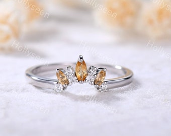 Moissanite Wedding Band Citrine Wedding Ring Rose Gold Engagement Ring Stacking Ring Curved Wedding Band Sterling Silver Dainty Ring Band