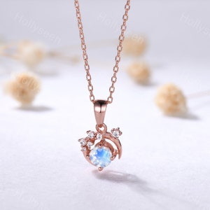 Vintage blauwe maansteen roségouden hanger art deco Moissaniet ketting unieke maan ketting sierlijke vrouwen bruids cadeau verjaardagscadeau voor haar