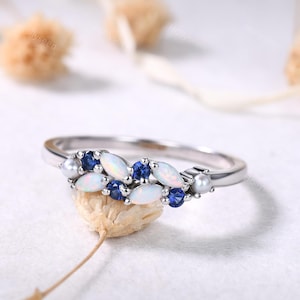 Opal Sapphire Pearl Ring Silver White Gold Ring Dainty Cluster Stones Ring Minimalist Birthstone Ring Unique Anniversary Gift for Her