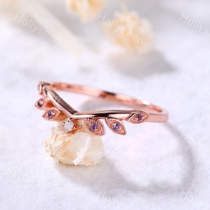 Vintage Opal Amethyst Wedding Ring Silver 14k Rose Gold Curved Opal Engagement Ring Amethyst Bridal Band Stackable Birthstone Ring for Women