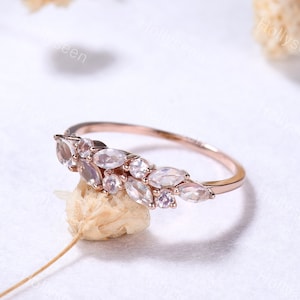 Vintage Moonstone Cluster Ring Solid 14k Rose Gold Marquise Gemstone Wedding Ring Dainty Rainbow Moonstone Ring Unique Gift for Women