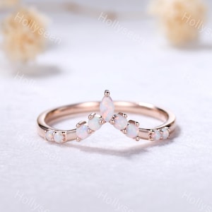 Opal Curved Wedding Ring Band 14k Rose Gold Vintage Opal Chevron Stacking Ring Dainty Bridal Matching Band Art Deco Eternity Ring for Women