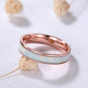 Opal Rose Gold Engagement Ring Full Eternity White Opal Wedding Band Minimalist Birthstone Stacking Ring Women Matching Ring Bridal Gift