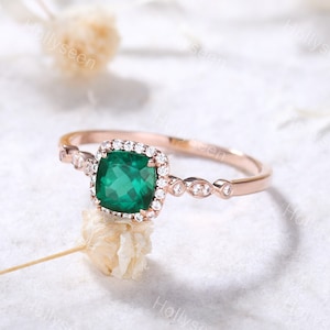 Cushion Cut Emerald Engagement Ring Rose Gold Emerald Wedding Ring Halo Emerald Ring Antique Emerald Ring Promise Ring Sterling Silver Ring