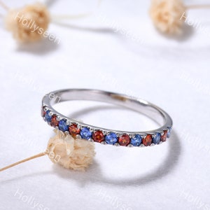2mm Sapphire Garnet Engagement Ring Band Silver White Gold Bridal Wedding Band Birthstone Stacking Ring Minimalist Blue Red Gemstone Ring