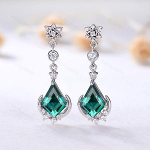 Dainty Kite Cut Green Emerald Moissanite Dangle Earrings Silver White Gold Earrings Unique Star Crescent Moon Earrings Anniversary Gift