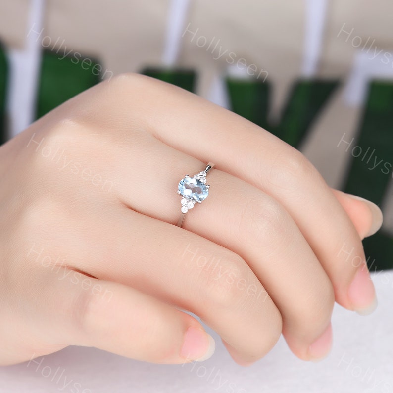 Oval Aquamarine Engagement Ring White Gold Cluster Moissanite Ring Vintage Blue Birthstone Ring Dainty Women Gemstone Ring Promise Ring image 6