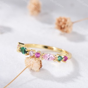 Dainty Ruby Emerald Yellow Gold Wedding Band Half Eternity Multi Color Birthstone Stackable Ring Colorful Gemstone Bridal Stacking Ring