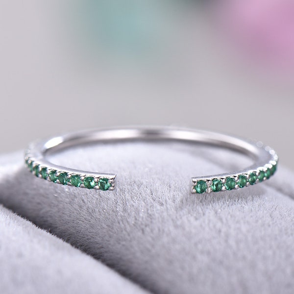 Green CZ Diamond Wedding Band 14k White Gold Open Eternity Stacking Engagement Ring 925 Sterling Silver Thin Bridal Ring Set Matching Pave