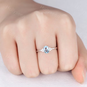 Oval Aquamarine Engagement Ring White Gold Cluster Moissanite Ring Vintage Blue Birthstone Ring Dainty Women Gemstone Ring Promise Ring image 5