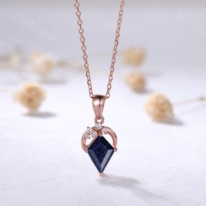 Vintage Kite Cut Blue Sandstone Rose Gold Pendant Art Deco Necklace Unique Moon Necklace Dainty Women Bridal Gift Anniversary Gift for Her