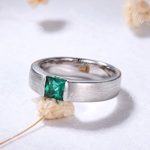 Minimalist Emerald Men Wedding Ring Band White Gold Princess Cut Green Stone Stacking Matching Ring Brushed Finished Dainty Anniversary Gift