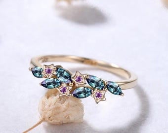 Star Marquise Alexandrite Amethyst Starry Ring Solid Gold Celestial February June Birthstone Cluster Ring Nature Inspired Floral Ring