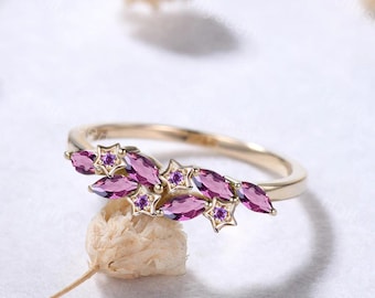 Marquise Pink Tourmaline Star Amethyst Cluster Ring Solid 14k Gold Celestial Starry Gemstone Ring February October Nature Inspired Ring