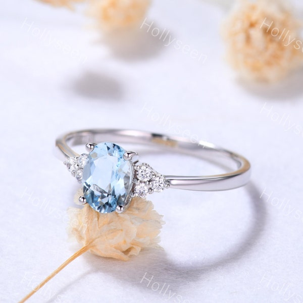 Oval Aquamarine Engagement Ring White Gold Cluster Moissanite Ring Vintage Blue Birthstone Ring Dainty Women Gemstone Ring Promise Ring