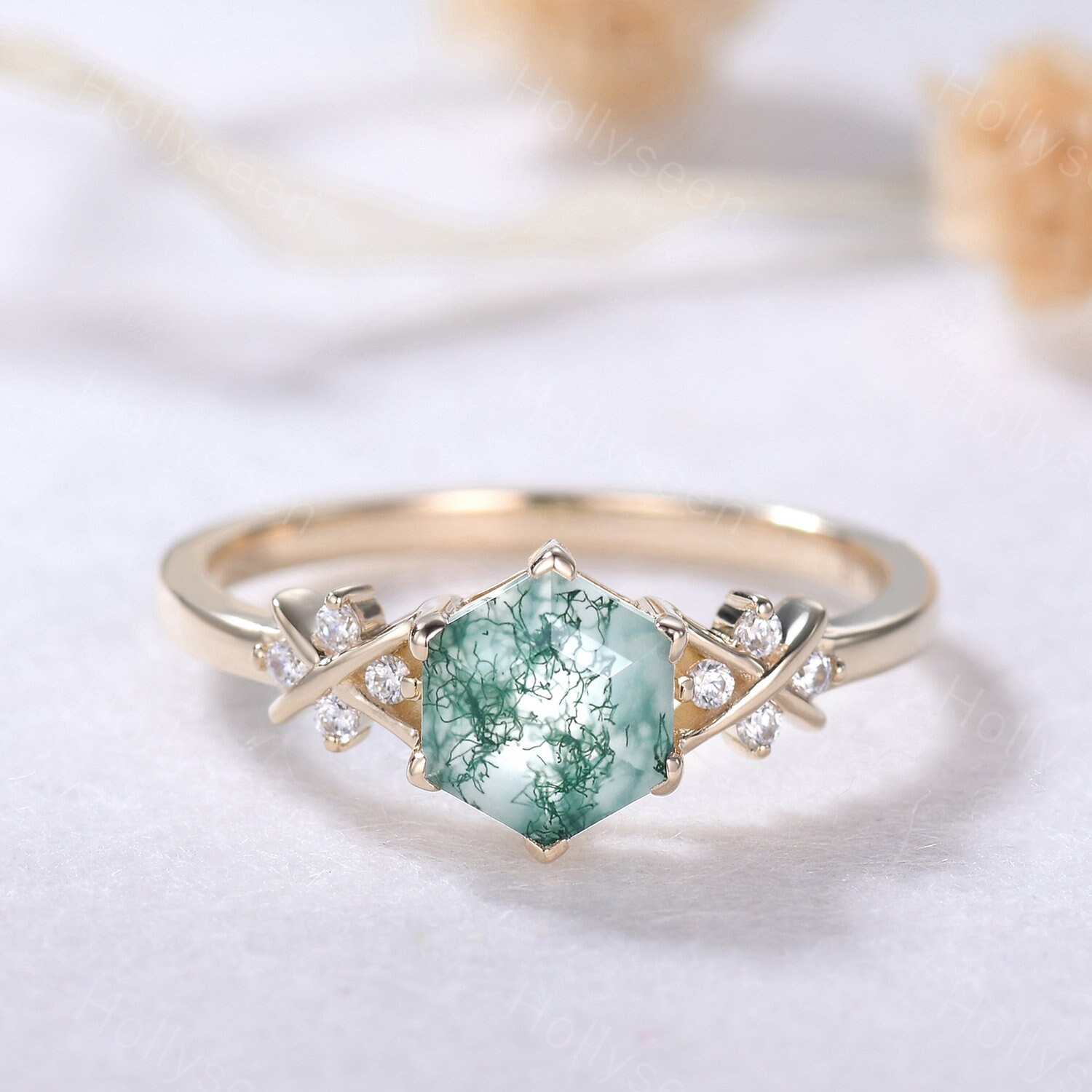 『グリーンかつお』　6点おまとめ Vintage Green Agate Wedding Ring Hexagon Cut Moss Agate