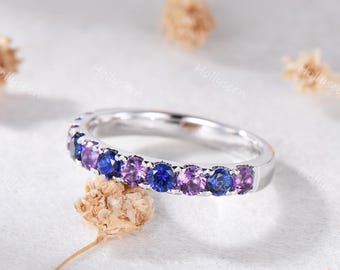3mm Amethyst Blue Sapphire Wedding Band Silver White Gold Half Eternity Blue Purple Gemstones Stackable Ring Personalized Birthstone Ring