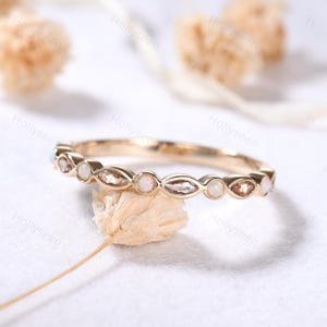 Dainty Opal Morganite Wedding Band 14k Yellow Gold Ring Half Eternity Stacking Ring Gemstone Matching Ring Women Promise Bridal Ring Gift