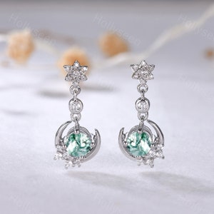 Dainty Moss Agate White Gold Dangle Earrings Unique Crescent Moon Drop Earrings Delicate Engagement Promise Anniversary Gift for for Women