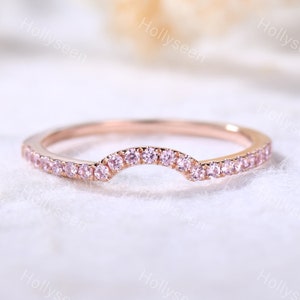 Pink Sapphire Wedding Ring Curved Wedding Band Rose Gold Wedding Band Thin Wedding Band Viking Wedding Band Stackable Ring Sterling Silver