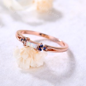 Baguette Cut Fire Opal Engagement Ring Blue Sapphire Ring Unique Opal Ring Vintage Ring Dainty Ring Promise Wedding Ring for Women Gift
