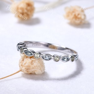 Marquise Aquamarine Peridot Wedding Band Silver White Gold Blue Green Gemstone Stacking Ring Dainty Birthstone Bridal Stack Ring for Women