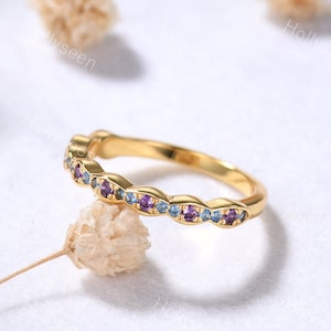 Amethyst Blue Topaz Yellow Gold Wedding Ring Band Sterling Silver Ring Half Eternity Birthstone Stacking Ring Dainty Gemstone Stackable Ring