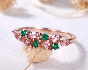 Marquise Pink Tourmaline Emerald Cluster Ring Rose Gold Floral Ring Nature Inspired Botanical Ring October Birthstone Jewelry Gift for Her