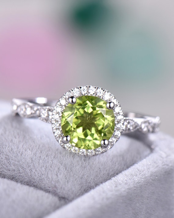 14K Gold Plated Green Peridot & White Cubic Zirconia Ladies 3 Stone Halo Bridal Engagement Ring with Matching Band Set