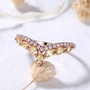 Marquise Yellow Sapphire Moissanite Wedding Ring Band Rose Gold Yellow Stone Curved Stacking Ring Birthstone Stackable Ring Matching Ring