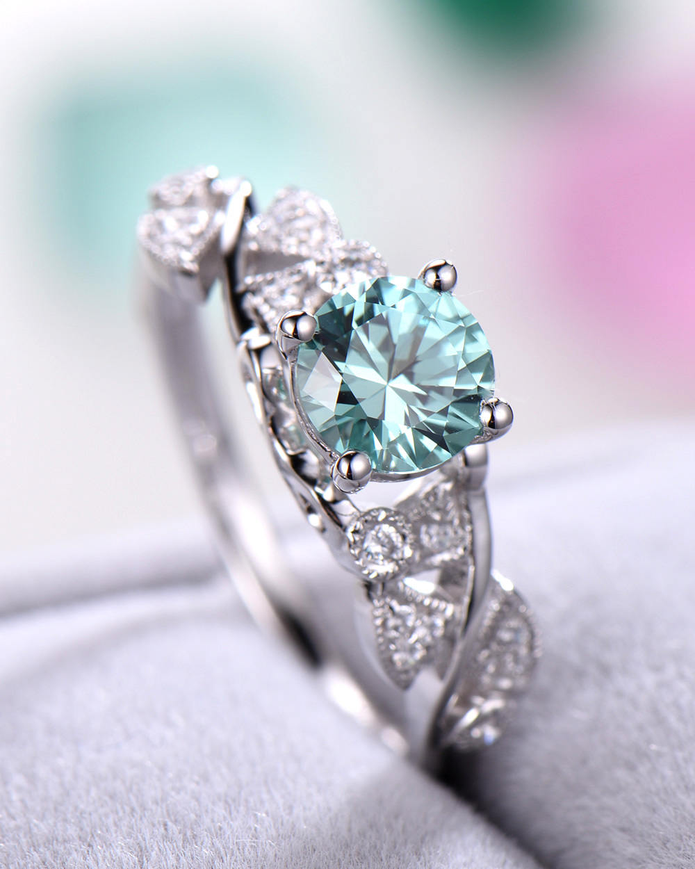 Lab Green Sapphire Engagement Ring 14k White Gold Antique Art - Etsy