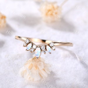 Marquise White Opal Wedding Ring Rose Gold Moissanite Wedding Ring Curved Wedding Band Dainty Ring Anniversary Ring Promise Ring for Women