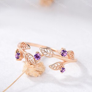 Anillo de boda de filigrana con hoja de amatista, oro rosa de 14k, anillo apilable inspirado en la naturaleza, piedra natal de febrero, color púrpura, anillo apilable con forma de rama