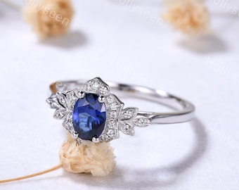 Vintage Oval Blue Sapphire Flower Engagement Ring White Gold Blue Gemstone Promise Ring Antique September Birthstone Floral Leaf Ring Women