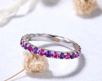 2mm Amethyst Ruby Engagement Ring Band Full Eternity Gemstone Stackable Ring Infinity Birthstone Wedding Band 2 Stone Promise Ring for Women
