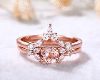 Zierliche Runde Morganit Verlobungsringe Rose gold Vintage Marquise Schliff Moissanit Ring Band Art Deco Hochzeit Braut Set für Frauen