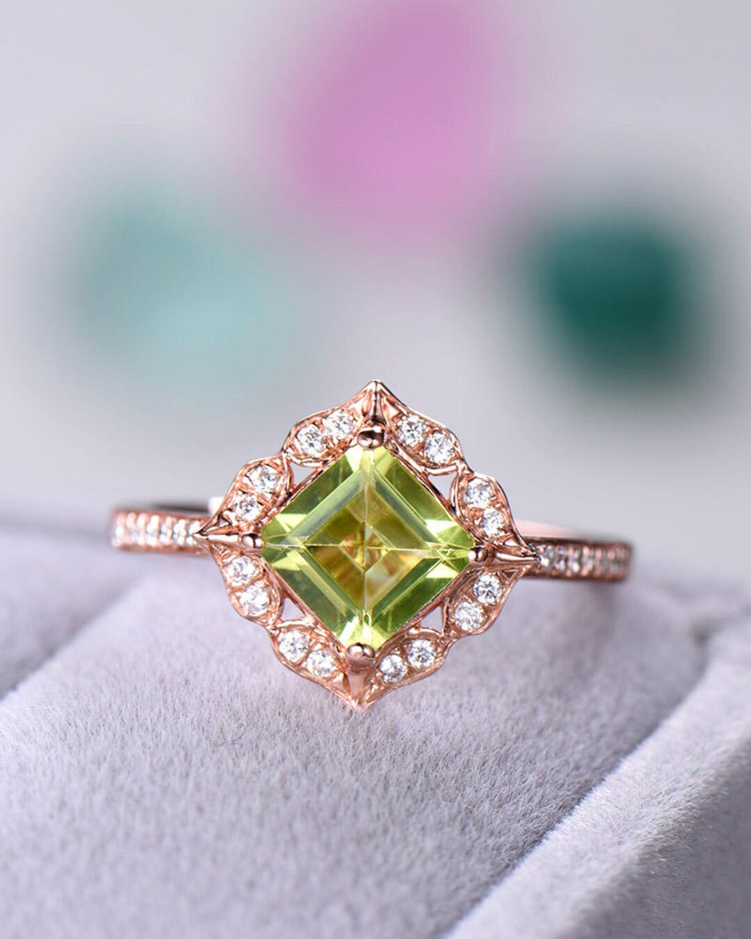 Green Peridot Halo Engagement Ring Rose Gold Princess Cut 925 - Etsy