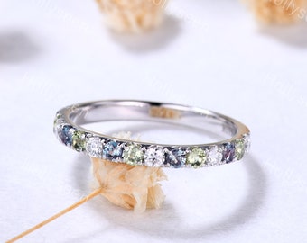 White Gold 2mm Moissanite Wedding Band Eva Alexandrite Half Eternity Ring Green Peridot Stacking Ring Unique Birthstone Ring for Women