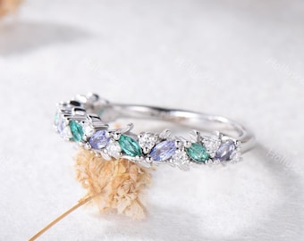 Marquise Tanzanite Emerald Leaf Wedding Band Sterling Silver Half Eternity May December Birthstone Stackable Ring Nature Inspired Stack Ring