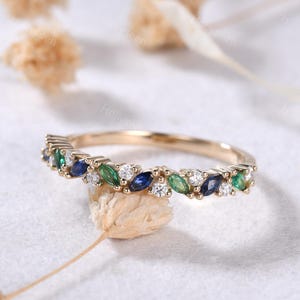 Marquise Sapphire Emerald Cluster Engagement Ring Solid Gold Blue Green Gemstone Wedding Stacking Ring Vintage Birthstone Ring for Women