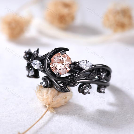 Morganite Moissanite Black Gold Engagement Ring Set Vintage Leaf
