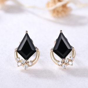 Dainty Kite Cut Black Onyx Yellow Gold Stud Earrings Unique Crescent Moon Earrings Delicate Engagement Bridal Anniversary Gift for Women