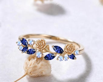 Rose Flower Marquise Blue Sapphire Moonstone Wedding Band Solid Gold Floral Blue Gemstones Ring Blue Stones Botanical Leaf Ring for Her