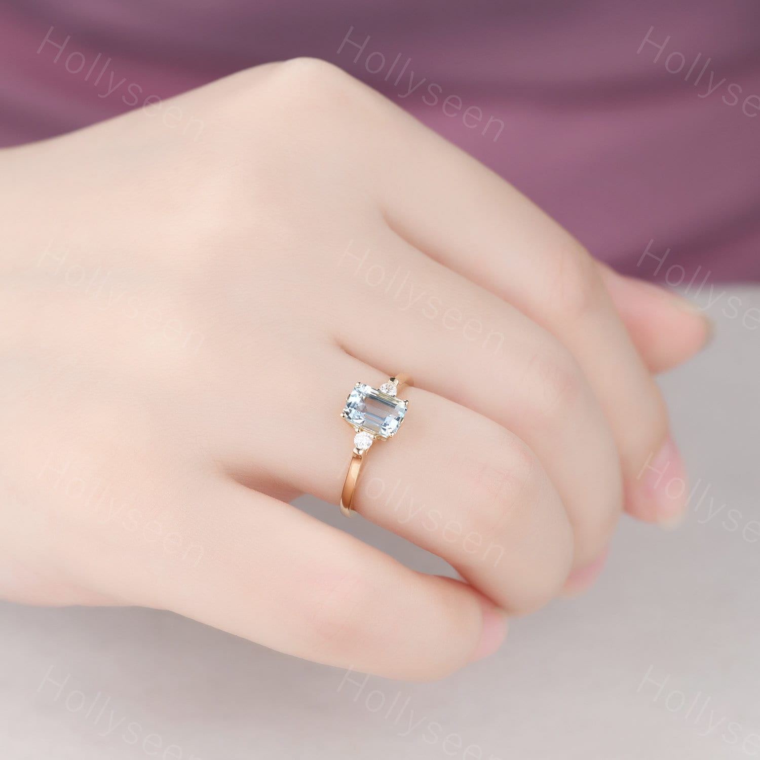 Emerald Cut Aquamarine Yellow Gold Engagement Ring Solid Gold March ...