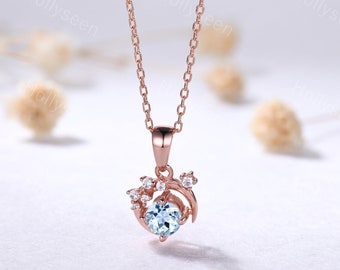 Blue Aquamarine Rose Gold Pendant Art Deco Moissanite Necklace Unique Moon Necklace Dainty Women Bridal Gift Delicate Anniversary Gift