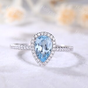 Pear cut Aquamarine Engagement Ring CZ Diamond Halo Sterling Silver Ring White Gold Half Eternity Wedding Ring Anniversary Gift Women Ring image 2